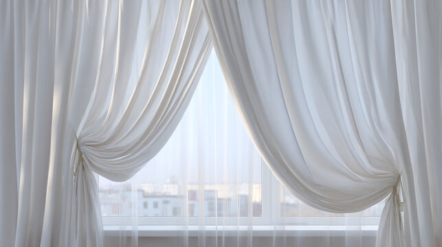 A window with white curtains pulled back to reveal a city view
