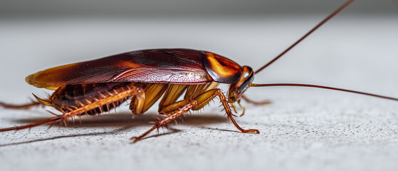Macro view of cockroach on surface symbolizing pest infestation, sanitation problems and need for pest control services in urban environment