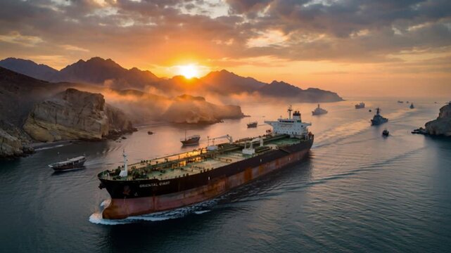 A massive cargo tanker navigates through a bustling harbor as a vibrant sunset unfolds behind majestic mountains, casting a warm glow across the sky and surrounding water