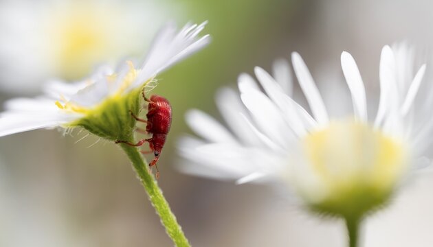 Red beetle on a white flower, shrew (Apion frumentarium), Bavaria, Germany