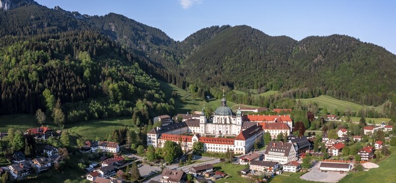 Aerial view, Benedictine Abbey Ettal and baroque church, municipality of Ettal, Upper Bavaria, Bavaria, Germany