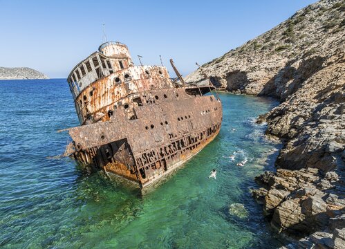 Aerial view, snorkellers at the shipwreck Olympia, Amorgos, Cyclades Island, Aegean Sea, Greece