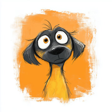 Cartoon dog with big eyes looking surprised on orange background  