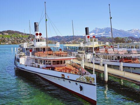 Steamship fleet from Lake Lucerne in the shipyard of Lucerne, Canton Lucerne, Switzerland