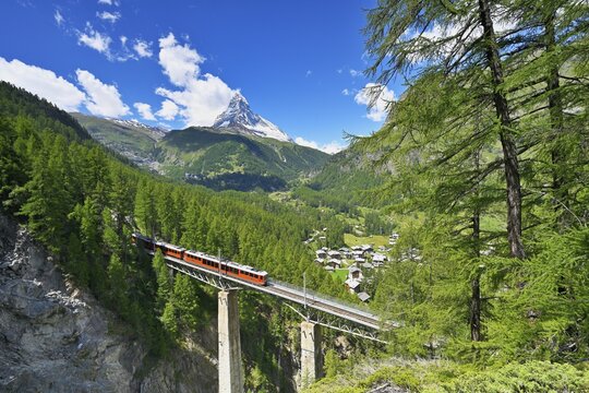 Gornergrat Bahn runs over Findelnbach Viaduct, behind Matterhorn, Zermatt, Canton Valais, Switzerland