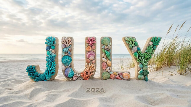 Seashell-decorated letters spelling "JULY" on sand near the ocean, with "2026" inscribed below, symbolizing summer vacation, and beach destination theme