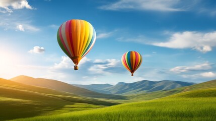 Fototapeta premium Colorful Hot Air Balloons Soaring Above Serene Green Hills and Clear Sky