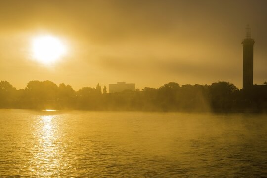Sunrise, panorama over the Rhine, old Messeturm, Cologne, Germany