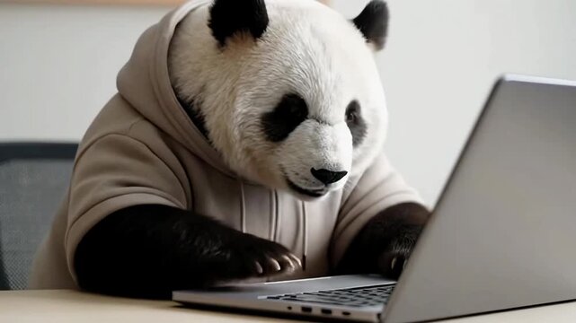Panda in Hoodie Working on Laptop Remote Work Concept