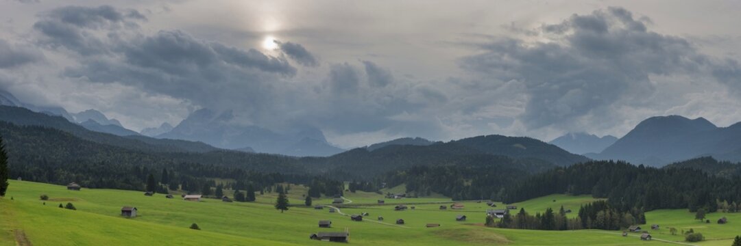 Mogul meadows between Mittenwald and Kr&uuml;n, Werdenfelser Land, Zugspitze behind, 2962m, Wetterstein Mountains, Upper Bavaria, Bavaria, Germany