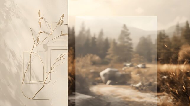 Abstract diptych composition features a delicate dried grass sprig casting shadows against a light panel alongside a faded, sepia-toned landscape scene of trees and a dirt road.