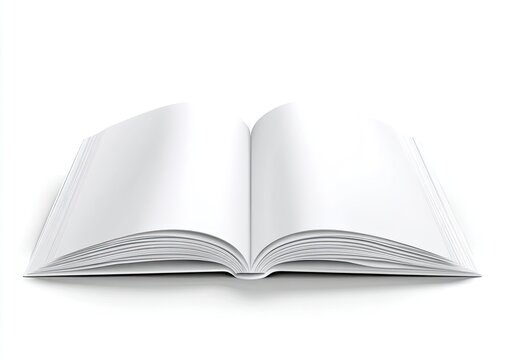 An open, blank book with white pages, cast shadow, set against a plain white background