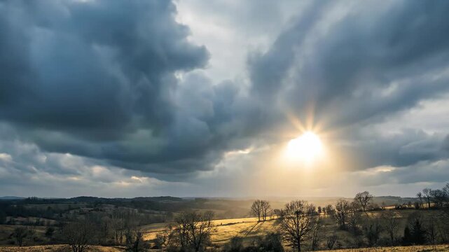 Sunbeams breaking through dramatic dark clouds over a vast rural landscape with rolling hills and trees casting long shadows