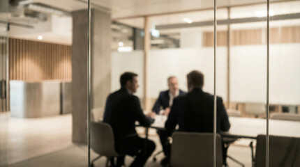 Fototapeta premium Three businessmen in suits are blurred and visible through glass meeting room doors during a discussion