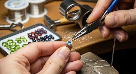 Jewelers hands working on ring with gemstone in detailed craftsmanship