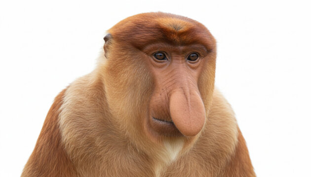 Close-up portrait of a proboscis monkey isolated on a clean white background. High resolution studio image highlighting the long nose and unique facial features of this rare primate species