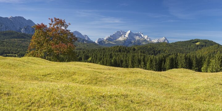 Mogul meadows between Mittenwald and Kr&uuml;n, Werdenfelser Land, Zugspitze behind, 2962m, Wetterstein Mountains, Upper Bavaria, Bavaria, Germany