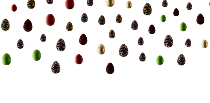 Decorative Easter eggs scattered on white background. Colorful Easter eggs holiday background concept. Spring season hol