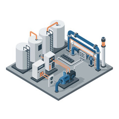 Isometric illustration of an industrial processing plant with storage tanks, pumps, and intricate piping systems on a grey platform, representing manufacturing or chemical production.