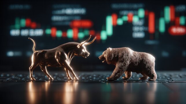 Golden bull and bear statues facing off on keyboard with stock chart background showcasing market volatility trading signals and investor sentiment
