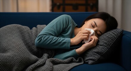 Fototapeta premium Sick woman resting on couch with tissue at home
