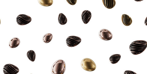 Stylish 3D illustration of metallic eggs scattered on a white surface. Ideal for modern designs, Easter concepts, and ab
