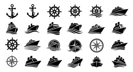 Collection of nautical themed illustrations featuring anchors, ships, and steering wheels. © Asrofi