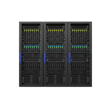 A large server with multiple rows of disk drives and lights isolated on transparent background