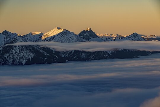 Winter peaks of the Tannheimer Berge at sunrise with sea of fog, Branderschrofen, F&uuml;ssen, Ostallg&auml;u, Swabia, Bavaria, Germany
