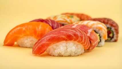 Assorted nigiri sushi with fresh salmon and tuna on clean pastel background. Authentic Japanese cuisine concept.
