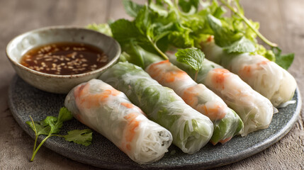 A plate of fresh summer rolls with shrimp and herbs served with a dipping sauce