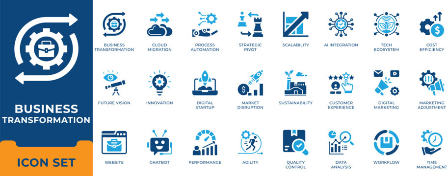 Enterprise business transformation strategy and digital cloud innovation vector icon set