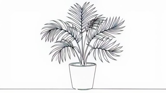 Minimalist outline drawing of a leafy potted palm plant on a white background