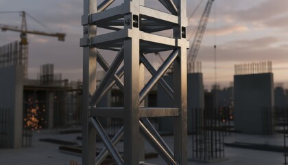 Polished titanium alloy struts form a skeletal framework for an industrial tower structure at dawn