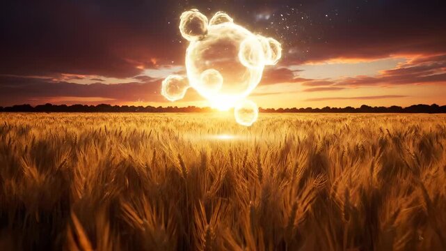Golden Light Orb in Grain Field: An ethereal golden orb hovers above a field of golden grain at sunset, illuminating the horizon with its radiant glow. Evoking a sense of mystery, wonder.