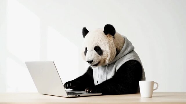 Panda in Hoodie Working on Laptop Remote Work