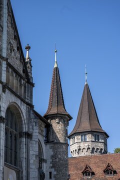 Medieval building, towers of the Swiss National Museum, Zurich, Switzerland