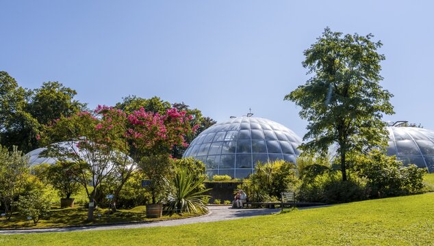 Botanical Garden, domes of the greenhouses at the back, Zurich, Switzerland