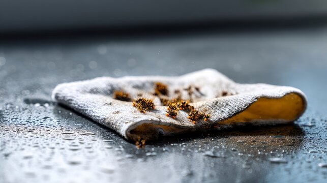 Dirty Soaked Cloth on Greasy Surface Surrounded by Germs and Moisture