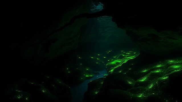 A dark underground cavern with glowing moss on wet walls. ESG reports, sustainability campaigns, designed for environmental awareness campaigns.