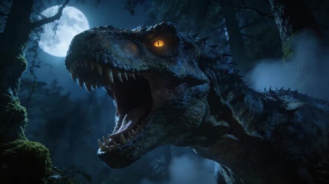 Tyrannosaurus rex roaring in a spooky forest at night