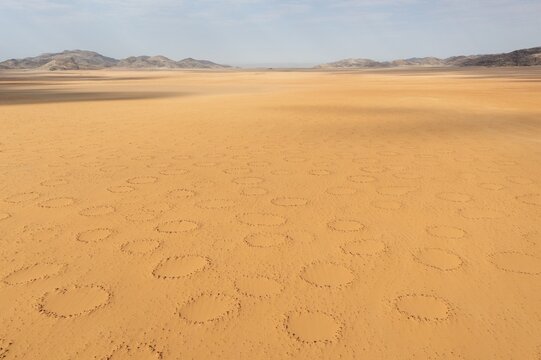 Sandy desert plain with so-called Fairy Circles, circular areas without any vegetation which according to scientific studies are caused by termites, aerial view, drone shot, Kaokoland, Kunene Region, Namibia