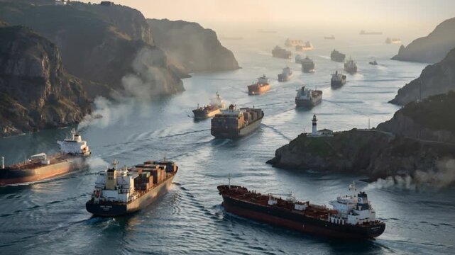 Cargo and tanker vessels navigate a narrow, rocky waterway in a bustling port, with some ships queuing to dock as morning sunlight casts long shadows across the scene