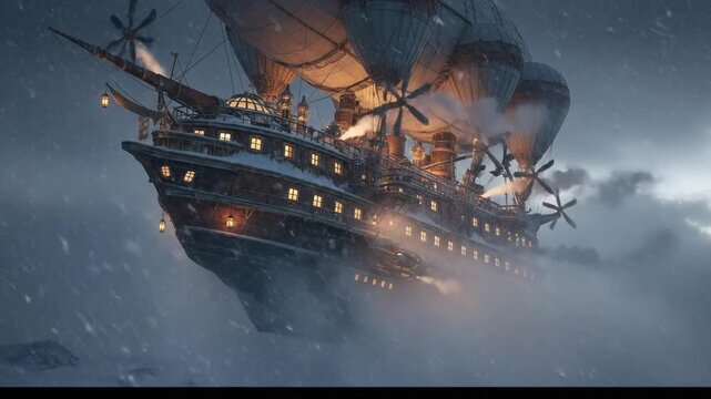 Steampunk Airship Flying Through Clouds With Propellers and Lights.