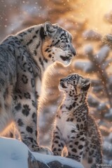 Fototapeta premium Snow leopard and cub portrait in nature