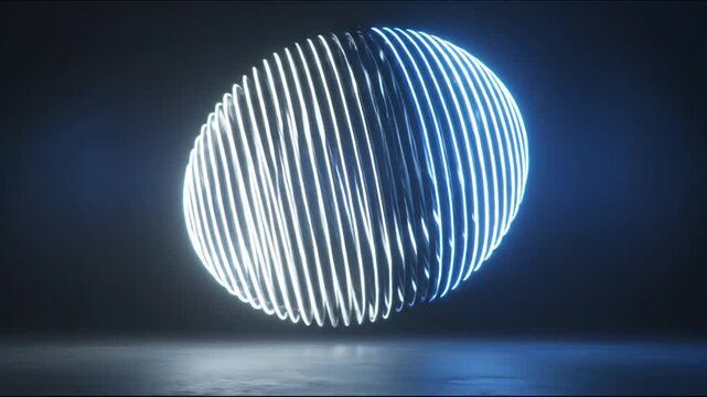 A glowing, egg-shaped object comprised of horizontal, white lines floats against a dark blue background
