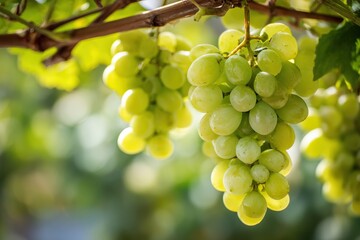 Close-up white grape cluster hanging on blurred green vineyards background. Grape farm. Plantation of grown fruits for juice, wine production. Ripe grape vine bunch on branch. Juicy fresh big Vitis.