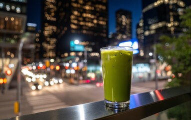 Iced Matcha Latte in Glass at Night with City Lights Background