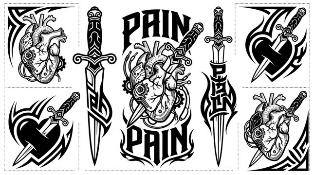 Gothic tattoo flash set with anatomical hearts and ornate daggers vector illustration