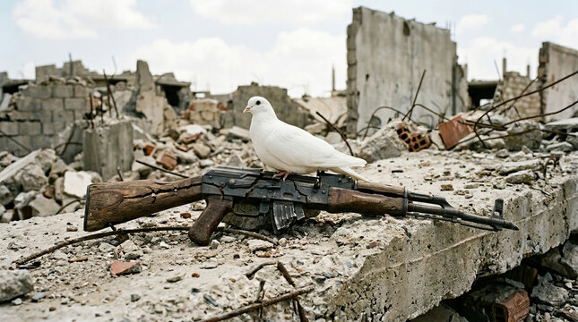 White dove perched on weathered rifle amid ruined concrete and debris, symbol of peace and hope in war torn urban landscape